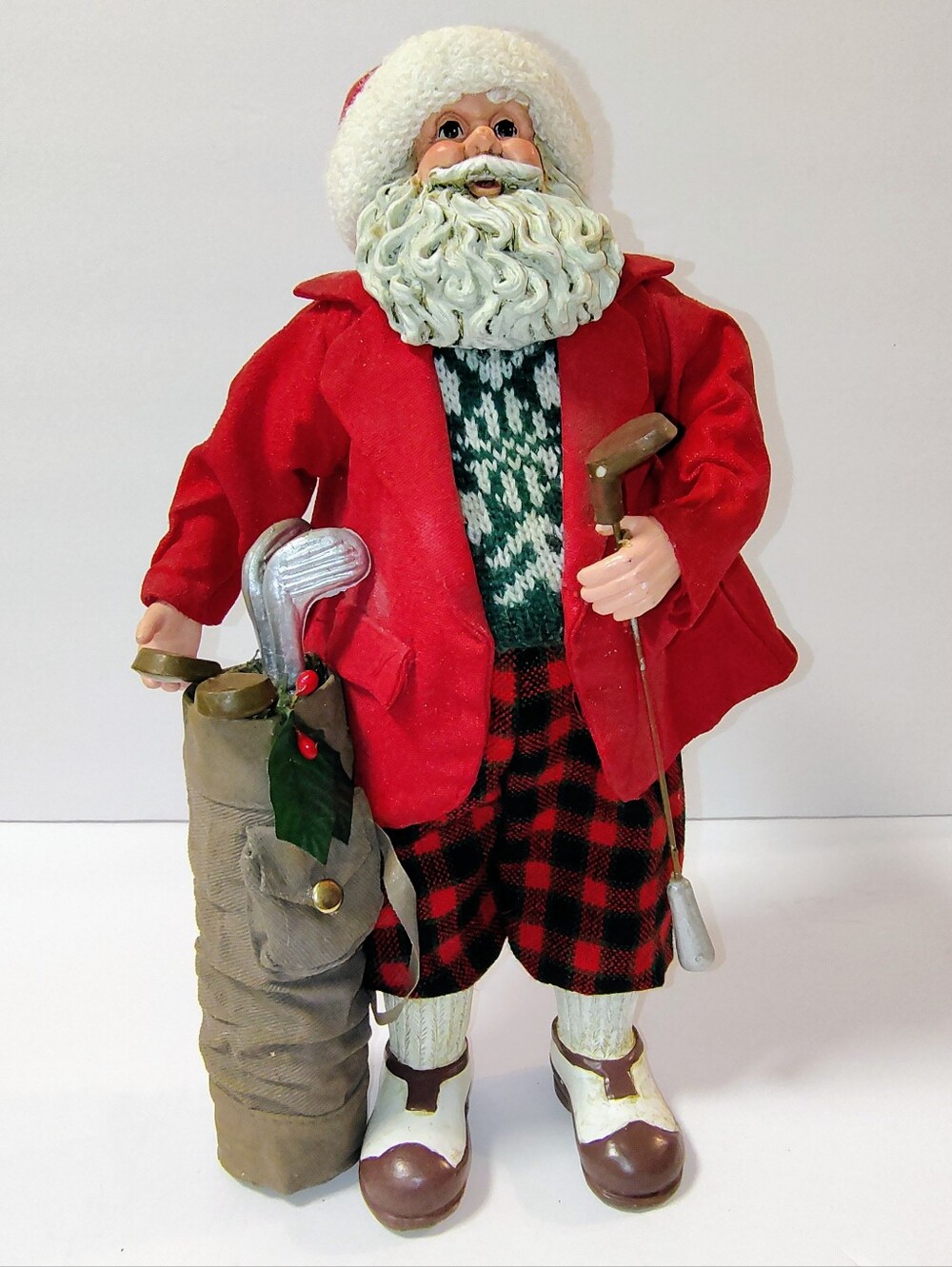 VTG Fabric Mache Santa Claus Golfing 12" Figure With Golf Bag Christmas Decor